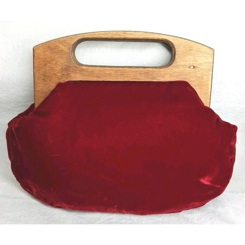 Vintage 70s Clutch Wood Handle Purse Velvet Boho Mid Century - Modern Minimalist